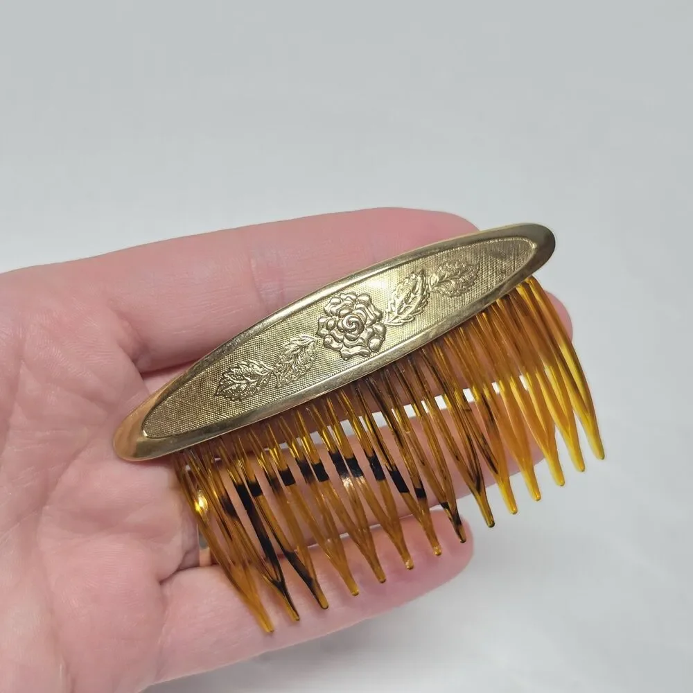 Vintage Art Deco Hair Comb Side Pick Floral Metal Accent USA 60s Boho Hippie
